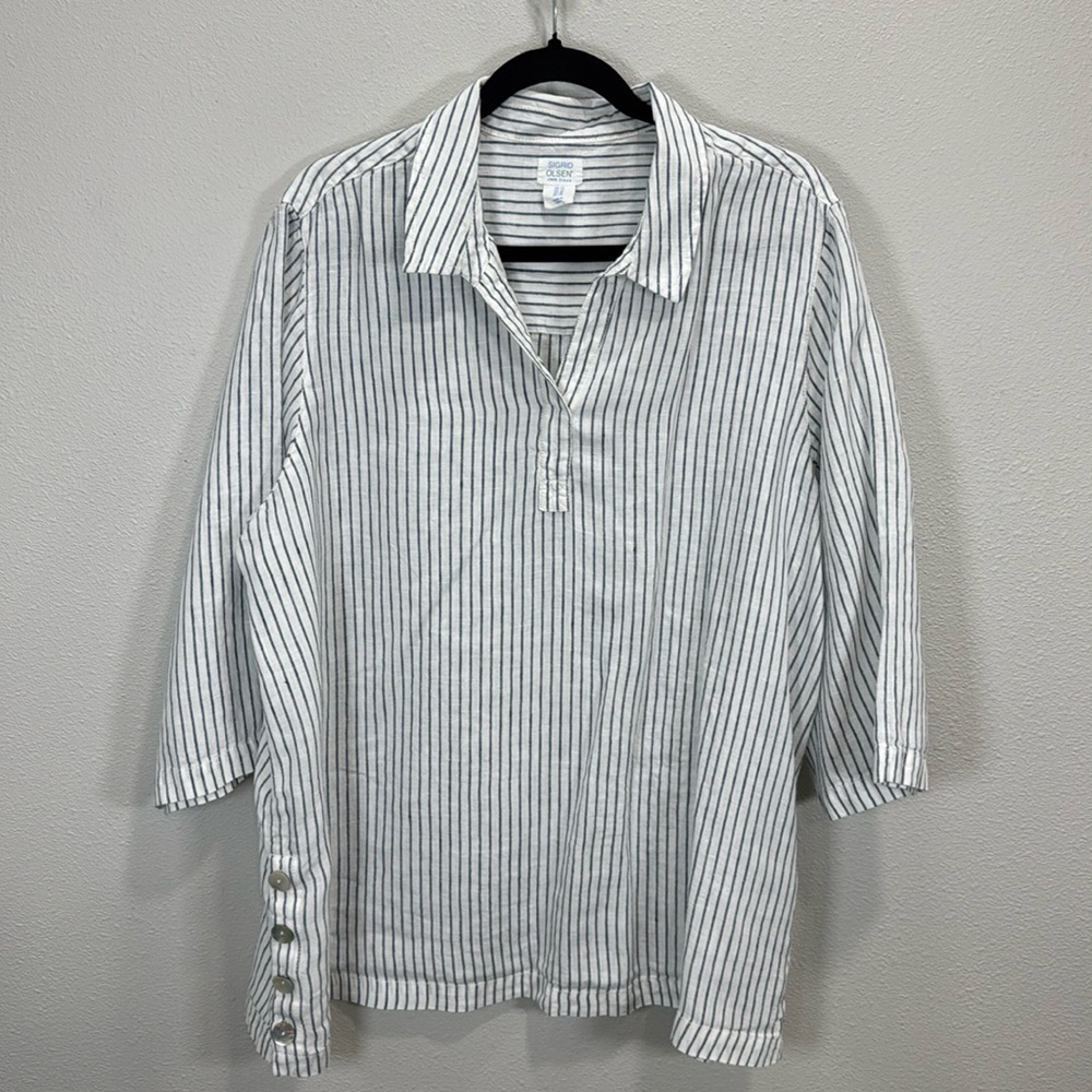 Sigrid‎ Olsen linen top v neck stripes